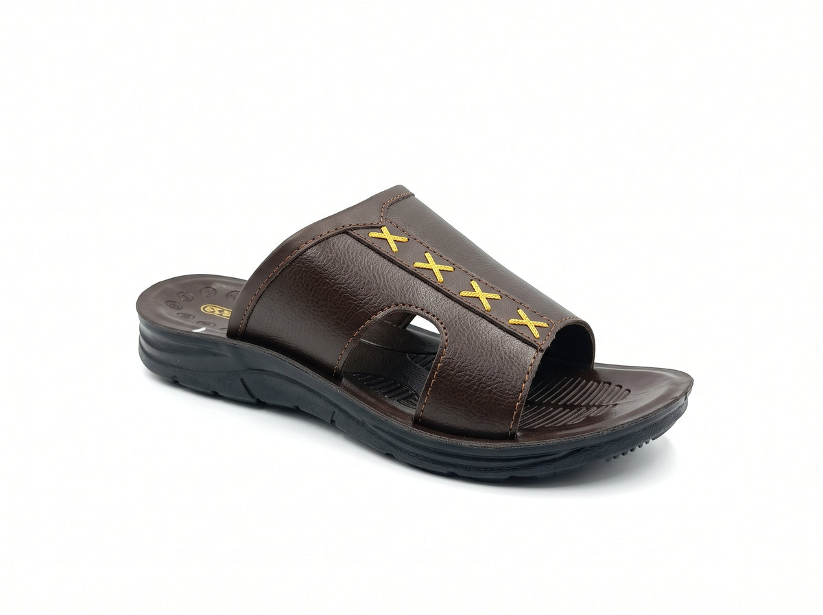 Brown slide sandal with yellow cross-stitch detailing and a dark sole