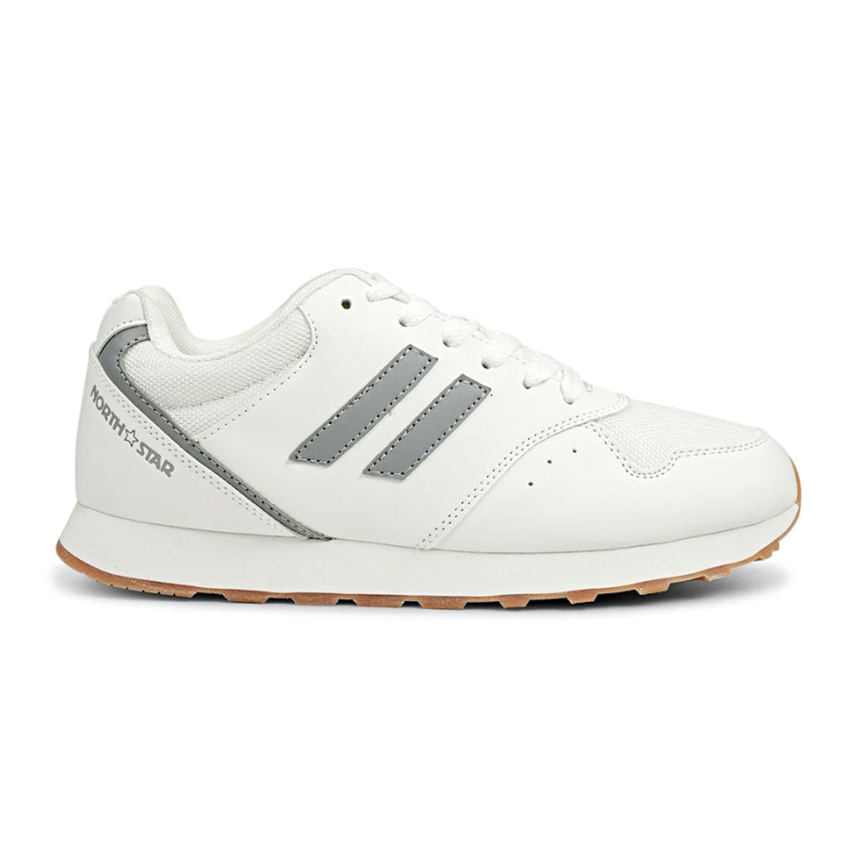 White sneaker with gray stripes and tan outsole edge