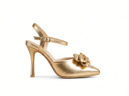 Gold pointed-toe floral ankle-strap heel