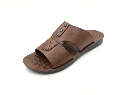Brown open-toe slide slipper with stitched straps and three metallic studs