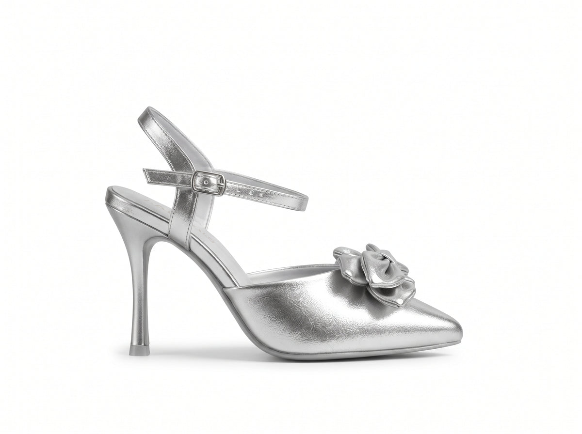 Silver pointed-toe floral ankle-strap heel