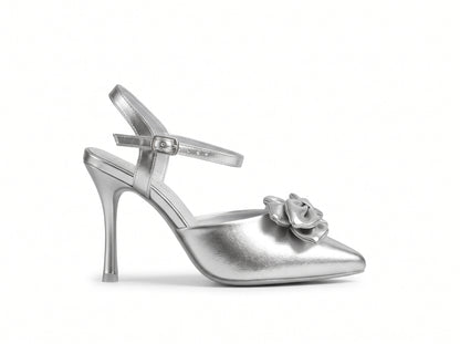 Silver pointed-toe floral ankle-strap heel