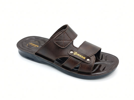 Dark brown open-toe slipper with overlapping straps, stitching and metallic studs
