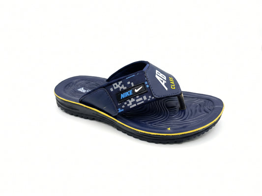 Navy toe-post slipper with patterned straps and yellow sole trim